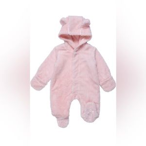 hooded magnetic-closure footie in plush fleece with adorable embroidered ‘paws’